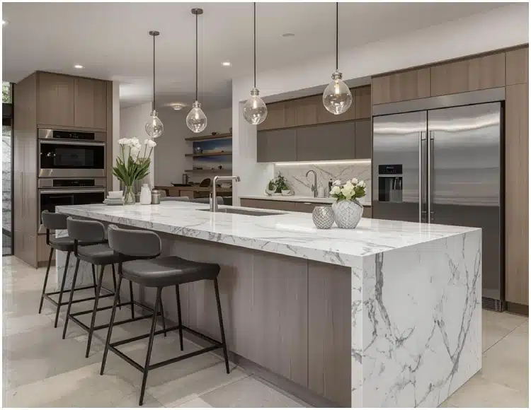 Modern kitchen with custom cabinetry, spacious island, stone countertops, and contemporary pendant lighting